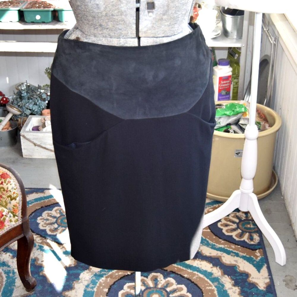 Y2K Les Prairies De Paris Black Pencil Skirt Faux Leather Waist 34x40 L